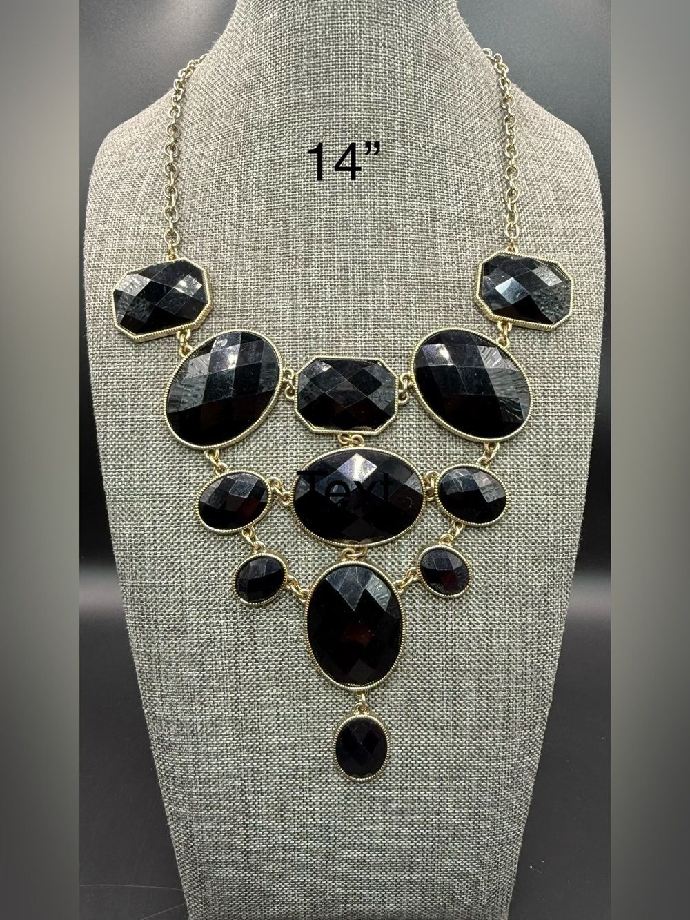 259. Gold Tone & Black Faceted Stone Cascading Bib Statement Necklace